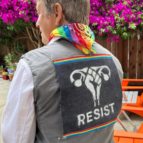 Resist Fist on stencil on jacket patch